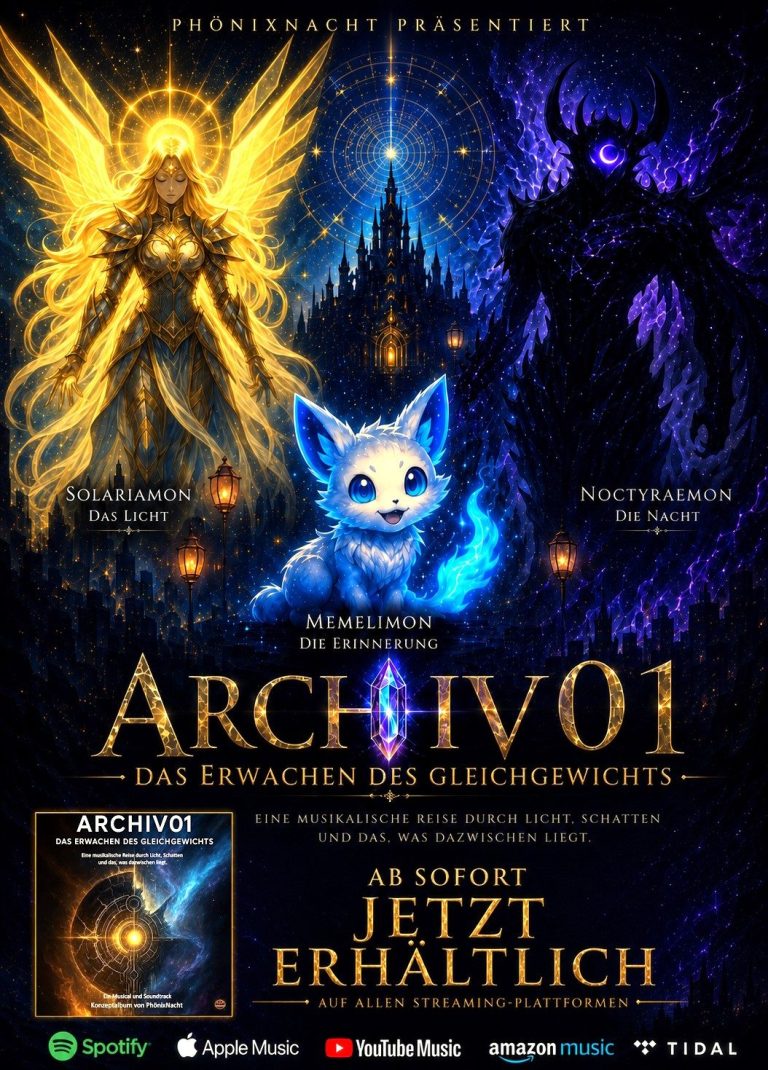 Archiv 01 – Das Erwachen des Gleichgewichts | Albumplakat von PhönixNacht PhönixNacht Albumplakat „Archiv 01 – Das Erwachen des Gleichgewichts“ mit den Figuren Solariamon, Noctyraemon und Memelimon.